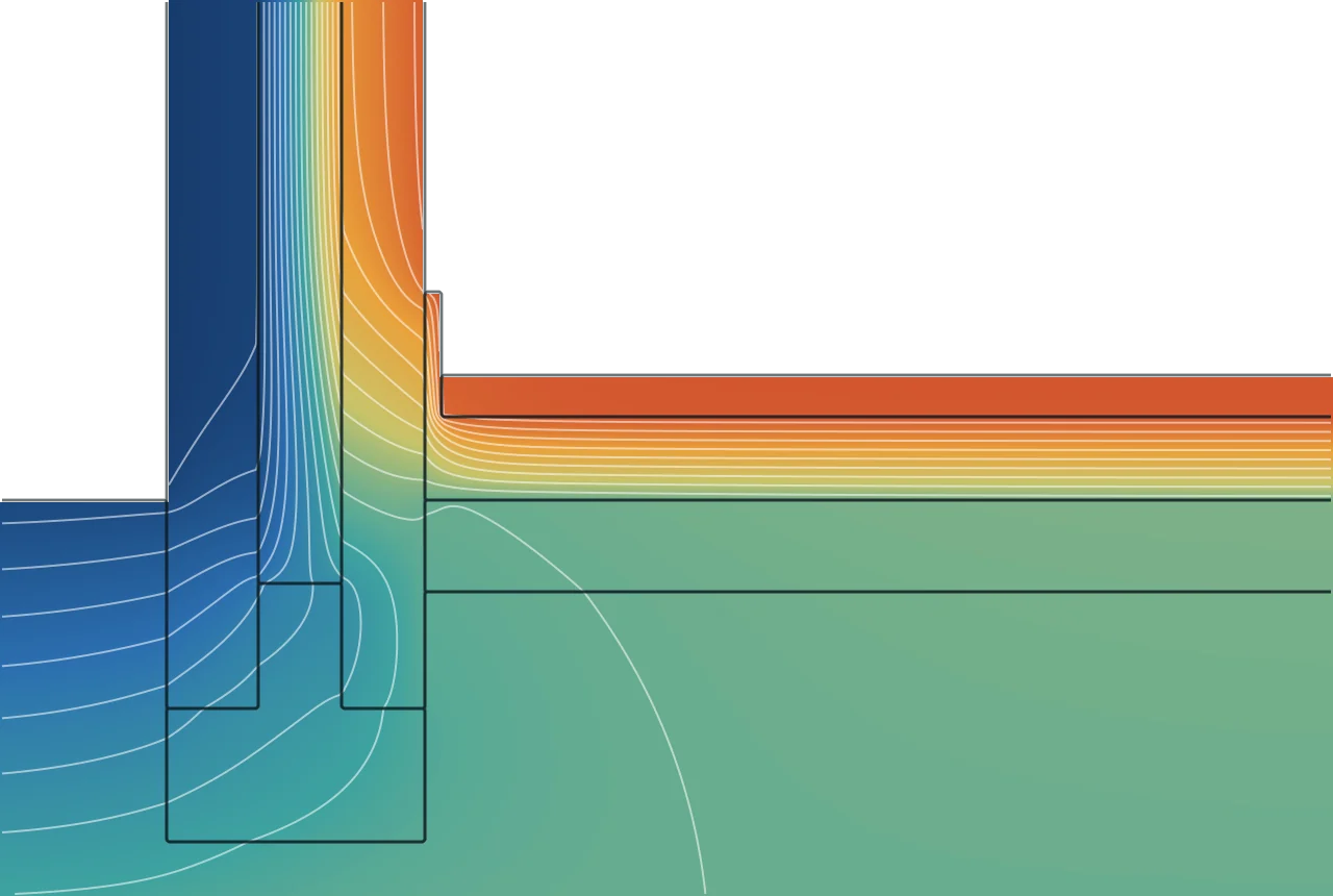 Colour temperature map of heat flowing through a cavity wall and ground-floor junction, warm inside and cold outside, with isotherm lines bending around the junction
